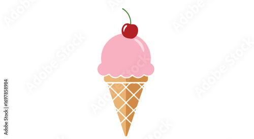 Simple Strawberry Ice Cream Cone with Cherry Topping Illustration against Clean Background
