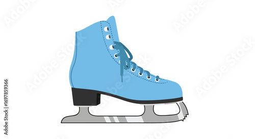 A captivating baby blue ice skate illustration evoking winter joy and figure skating, with laces tied in a bow on a white backdrop, in a flat design