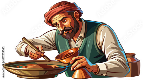 Close-up portrait of male coppersmith polishing a handmade bowl. Isolated white background showcases heritage, strength, and shimmering beauty.