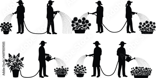 Silhouettes of People Watering Potted Plants and Flowers, Gardening with Hose and Watering Cans, Outdoor Plant Care and Gardening Activities
