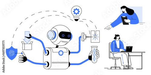 Robot managing tasks thumbs up research, technology, cybersecurity, and laboratory tests humans collaborating. Ideal for AI integration, innovation, teamwork, science, productivity creativity
