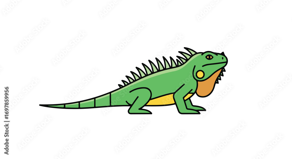 Fototapeta premium A whimsical illustration showcasing a vibrant green iguana, capturing its unique scales and spiky crest in a playful design style