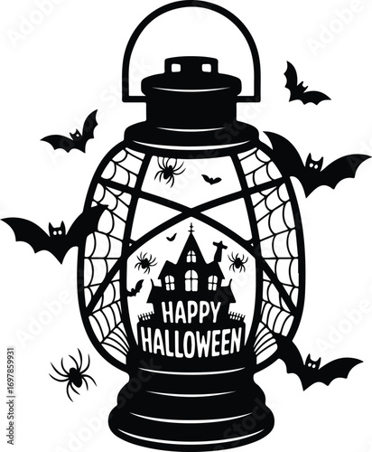 Spooky Happy Halloween lantern with bats and spiders