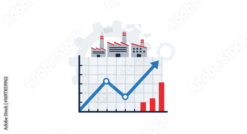 Rising industrial production and economic growth depicted with a graph and factory icons visual representation of expanding manufacturing output,
