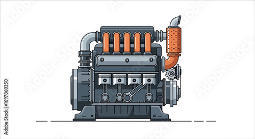 Detailed Cartoon Illustration of an Internal Combustion Engine with Visible Pistons and Orange Exhaust Manifold
