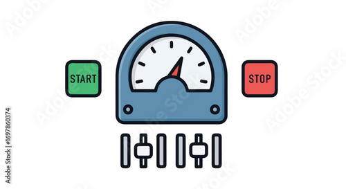 Control panel illustration with start and stop buttons indicating process start and termination operations with adjustable switches and performance