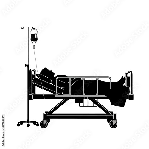 Vector art of silhouette of patient lying in hospital bed with iv drip