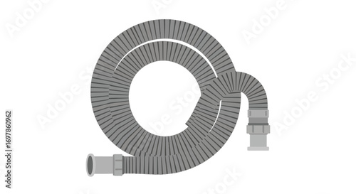 Flexible Corrugated Tube Illustration: Gray Industrial Hose Coil with Ribbed Design, Isolated on a Pure White Backdrop for Versatile Applications