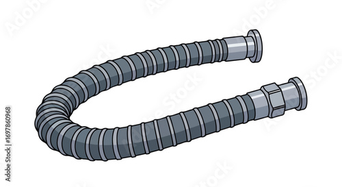 Illustrative rendering of a flexible conduit featuring ribbed construction and metal end fittings, designed for industrial or mechanical applications