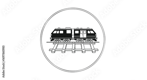 Stylized monochrome train icon conveying themes of travel transportation and rail systems inside circle offering a graphic minimalism aesthetic