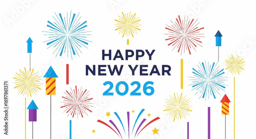 Happy New Year 2026 Celebration with Colorful Fireworks Display on White Background