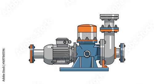 Detailed Illustration of Industrial Water Pump System with Motor and Pipe Connections on White Backdrop