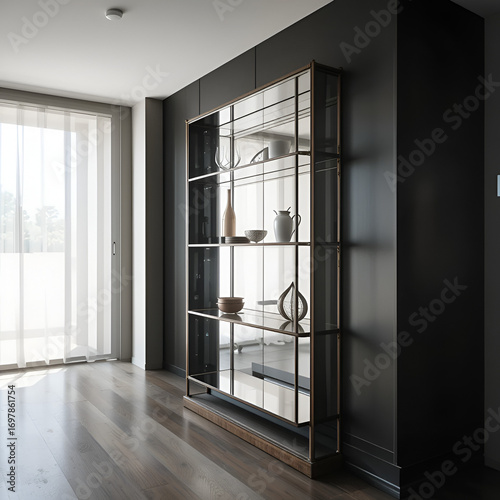 A multi-level etagere with mirrored shelves to enhance light in a dark hallway.