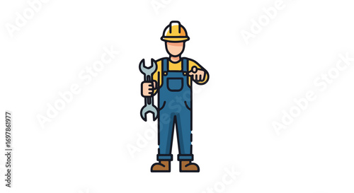 Cartoon illustration featuring a confident worker holding a wrench wearing safety equipment and gesturing towards the viewer indicating service