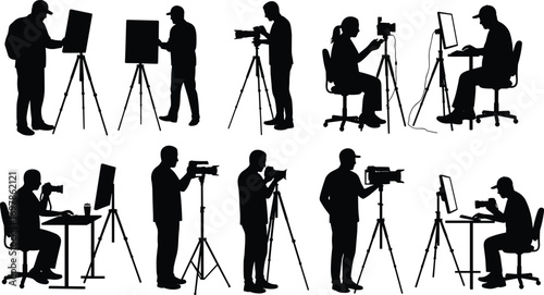 Silhouettes of photographers and videographers using cameras, tripods, and computers in professional photography and video production studio setups.