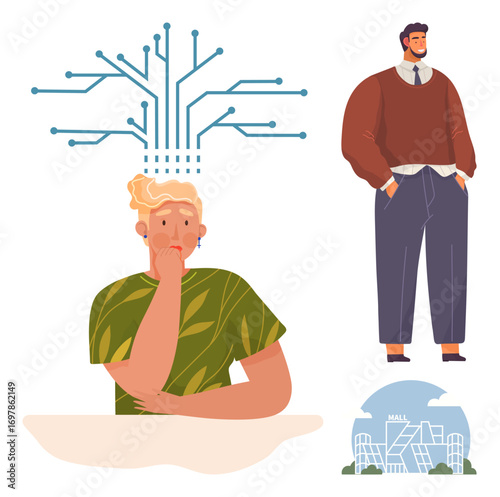 Thoughtful person under circuit brain symbolizing tech ideas, man standing confidently, cityscape icon for innovation. Ideal for creativity, technology, innovation, brainstorming, urban development