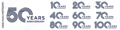collection anniversary 10 to 100 year logo designs. abstract number for celebration event, wedding, greeting card, and invitation, vector illustration