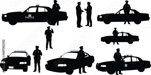 Silhouettes of Police Officers and Patrol Cars, Police Standing, Talking, and Patrolling, Law Enforcement Vector Illustration Set
