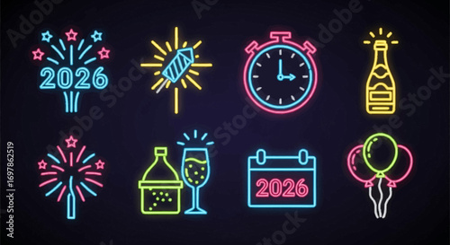 Glowing 2026 New Year's Eve party icon collection in a vibrant neon light style for festive holiday designs