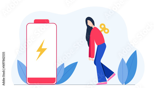 Tired Woman Beside Battery Icon Symbolizing Burnout