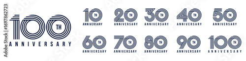 collection anniversary 10 to 100 year logo designs. abstract number for celebration event, wedding, greeting card, and invitation, vector illustration
