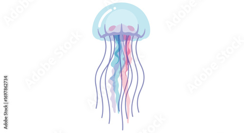 Watercolor jellyfish illustration with flowing tentacles against a stark white backdrop creating a whimsical aquatic image suitable for children