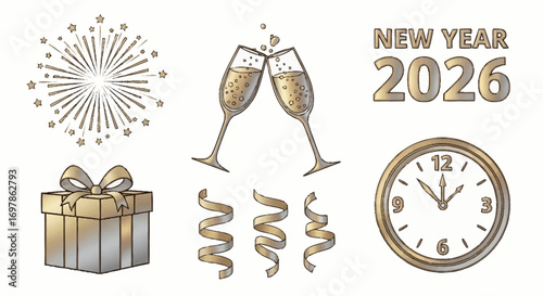 A collection of golden hand-drawn elements for a New Year 2026 celebration, featuring a countdown clock, champagne toast, fireworks, gift, and confetti