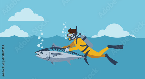 Scuba Diver Riding a Tuna Fish