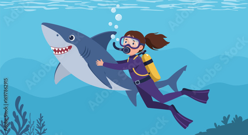 Scuba Diver Swimming with a Shark