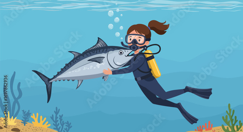 Scuba Diver Holding a Tuna Fish Underwater