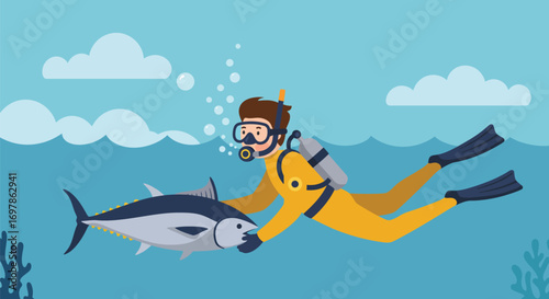 Scuba Diver Holding a Tuna Fish Underwater