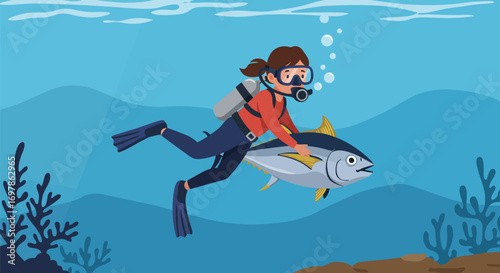 Scuba Diver Holding a Tuna Fish Underwater