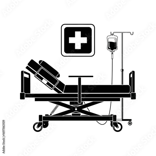 Vector art of hospital bed with medical cross and iv drip