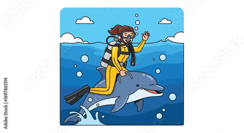 Scuba Diver Riding a Dolphin Underwater