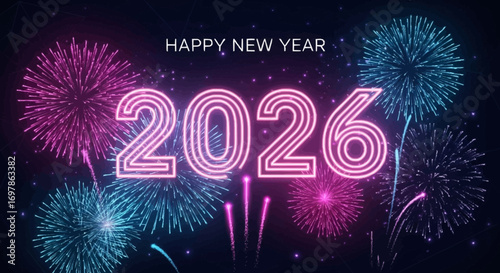 happy new year 2026, neon celebration, futuristic design, glowing lights, cyber party, vibrant fireworks, 2026 neon numbers, modern illustration, holiday background, new year vector scene, festive 