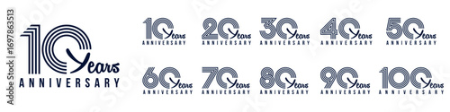 collection anniversary 10 to 100 year logo designs. abstract number for celebration event, wedding, greeting card, and invitation, vector illustration