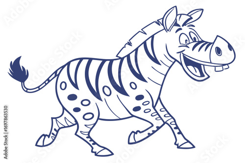 Cheerful Zebra Cartoon Character Running with Blue Stripes on White Background