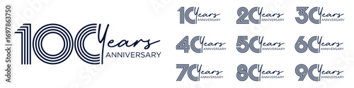 collection anniversary 10 to 100 year logo designs. abstract number for celebration event, wedding, greeting card, and invitation, vector illustration