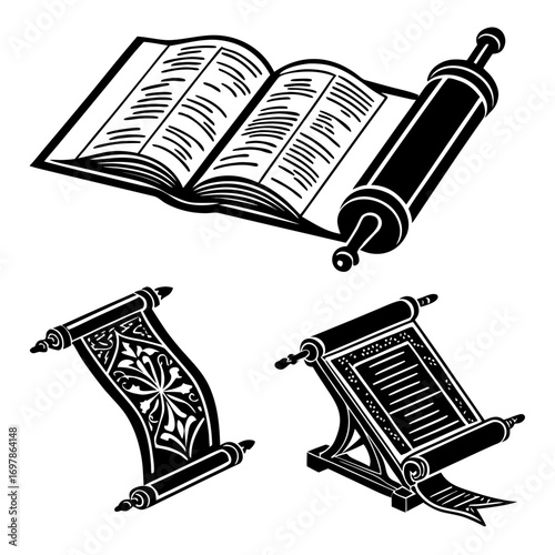 Collection of ancient books and scrolls, showcasing historical knowledge and literary traditions of bygone eras, vector illustration