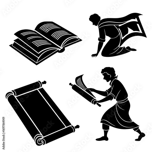 Collection of ancient books and scrolls with human figures, depicting historical knowledge and literary traditions, vector illustration