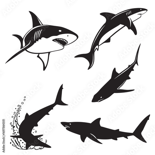 A striking compilation of shark silhouettes, showcasing the beauty and ferocity of these ocean dwellers, perfect for adding a touch of marine mystery to your work