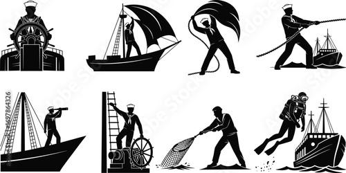 Silhouettes of sailors, fishermen, ship crew, marine divers, casting nets, sailing boats, steering wheel, and nautical vector illustration.