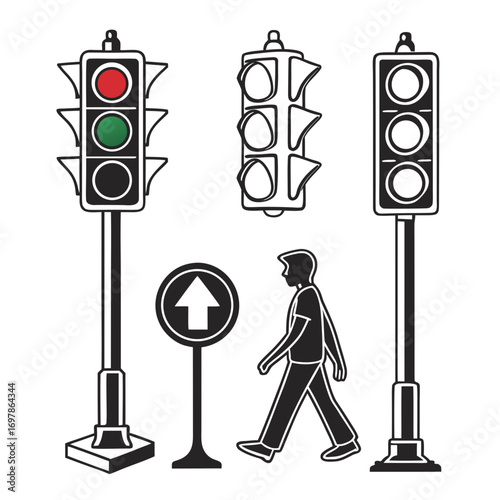 A pedestrian crossing the street at a crosswalk with traffic lights showing red and green, a simple black and white vector illustration