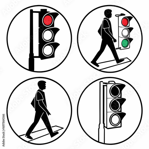 Illustration of a pedestrian crossing with a man walking across the street, traffic lights showing red and green, and a traffic light on a pole