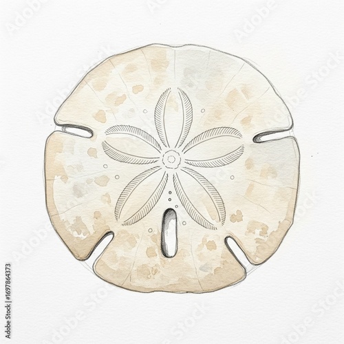 Sand Dollar, simple watercolor, hand drawing, white background