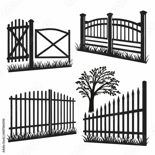 Collection of fence and gate silhouettes set of different fence designs, including picket fence, wrought iron fence, and wooden fence with gate
