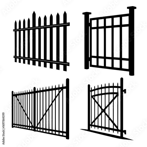 Collection of fence and gate silhouettes set of different fence designs, including picket fence, wrought iron fence, and wooden fence with gate