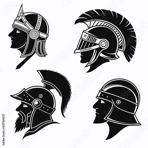 Collection of four ancient warrior helmets a diverse set of helmet designs, each representing different historical periods and cultures, showcasing intricate details