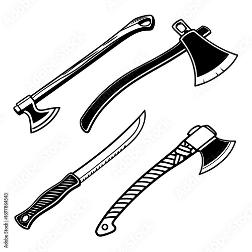 Set of vintage axes collection of lumberjack equipment hand drawn monochrome design elements vector illustration of carpentry tools