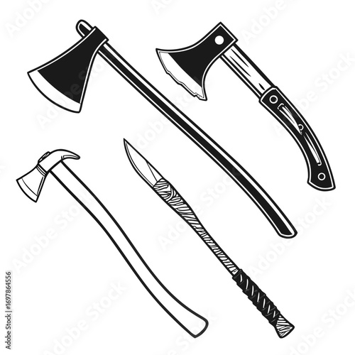 A vintage monochrome collection of hand drawn axes, hatchets, and a knife, showcasing the timeless appeal of these tools in a classic style